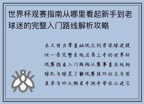 世界杯观赛指南从哪里看起新手到老球迷的完整入门路线解析攻略 世界杯观赛指南从哪里看起新手到老球迷的完整入门路线解析攻略